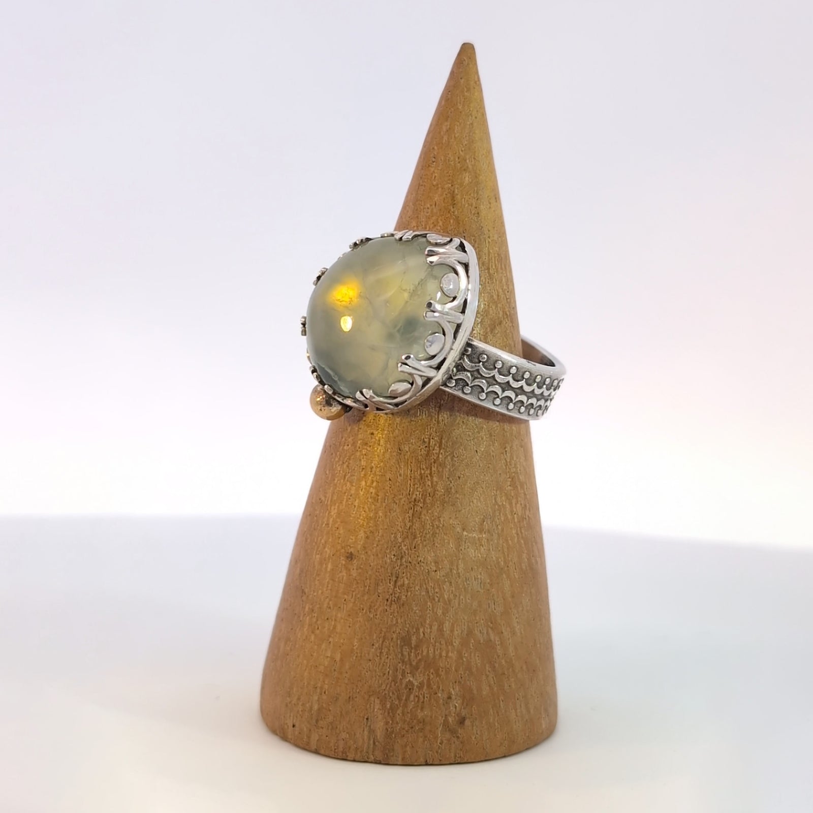 Fairytale Ring with Prehnite, Sterling Silver + 10k Accent, Size 9