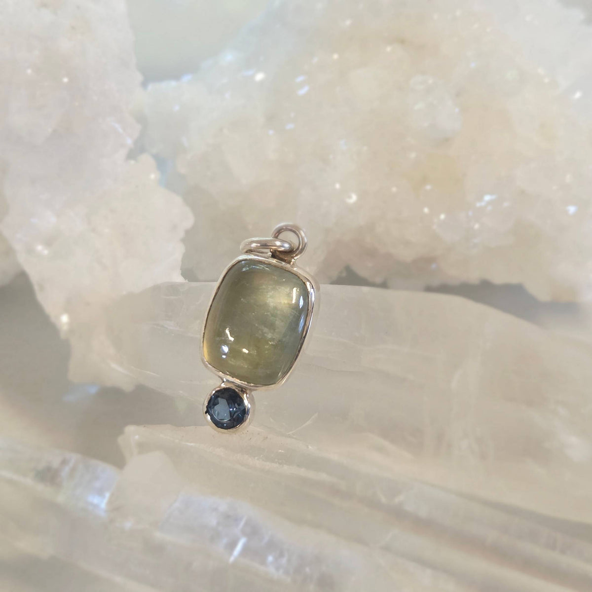 Prehnite and blue topaz pendant in sterling silver