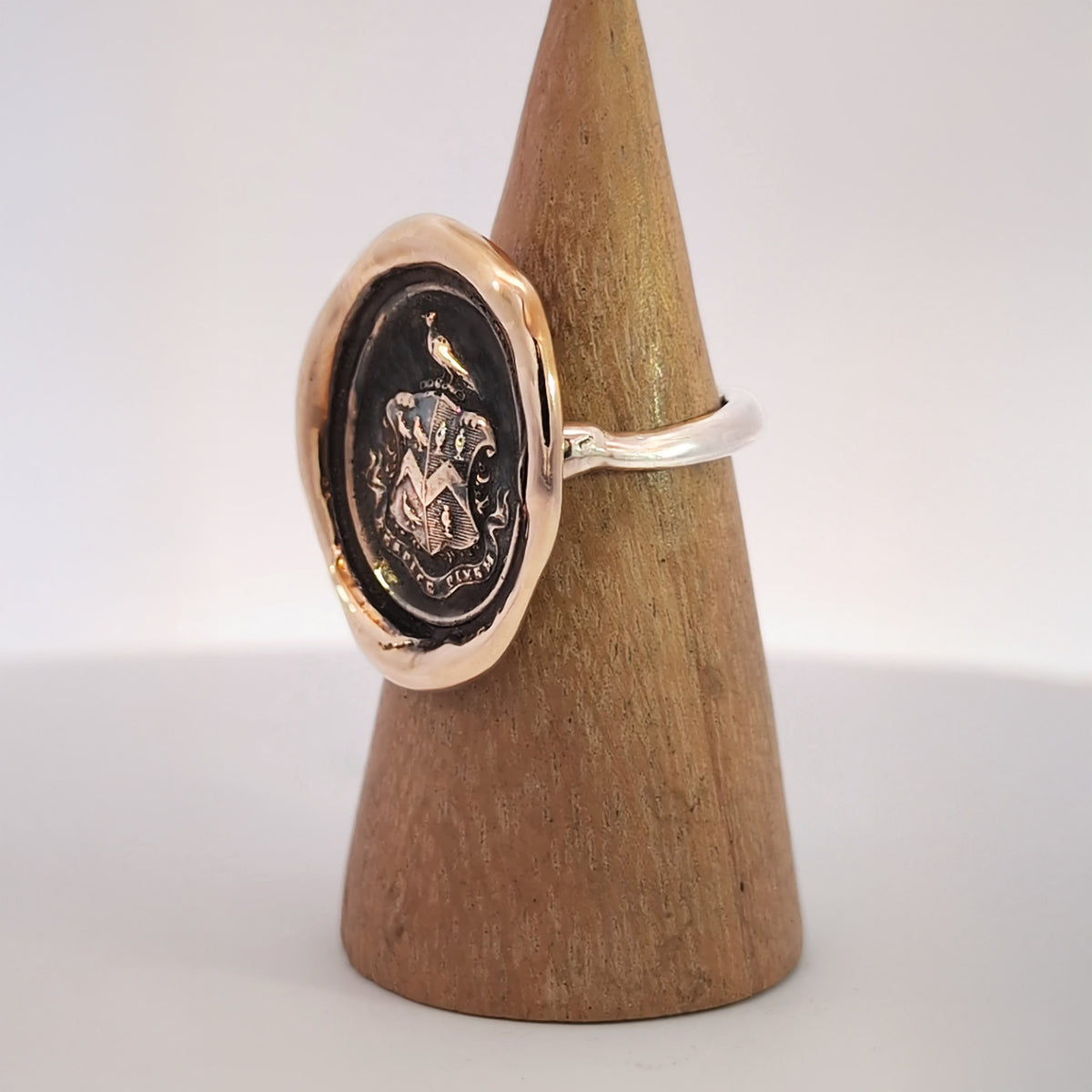 Heraldic Bird Crest Seal Ring, Bronze on Sterling, Size 8.5