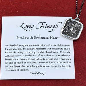 Loves Triumph - Swallow and Enflamed Heart  Necklace