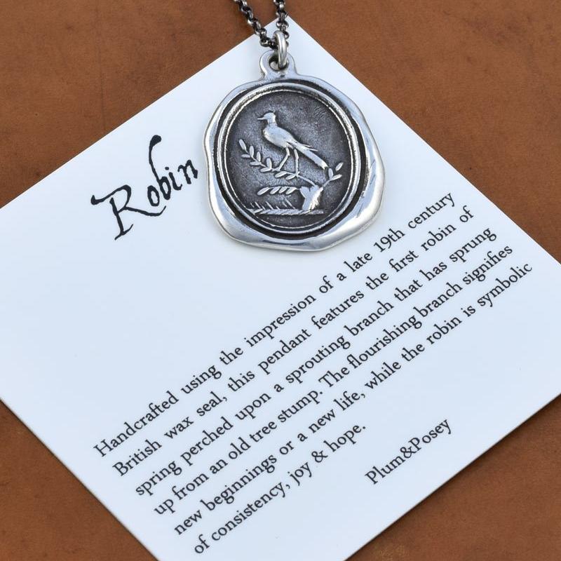 Robin on Branch Wax Seal Pendant Necklace - Spring Constancy
