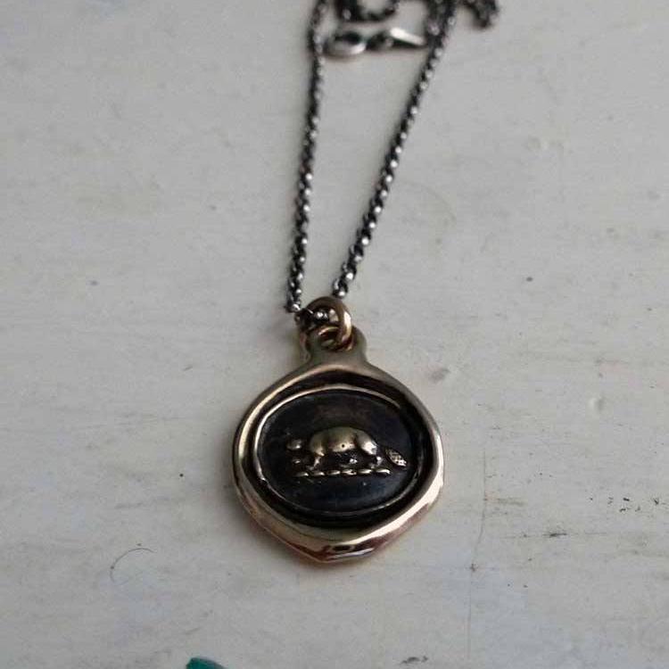 Industry and Perseverance Wax Seal Necklace of a Beaver in Bronze