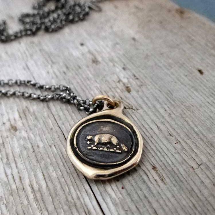 Industry and Perseverance Wax Seal Necklace of a Beaver in Bronze