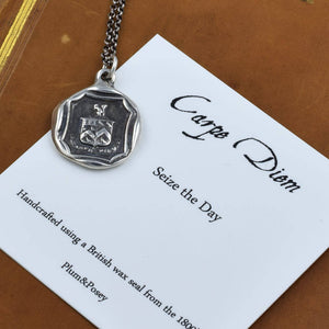 Bronze Carpe Diem Wax Seal Necklace of a Squirrel and Owls 'Seize the Day'