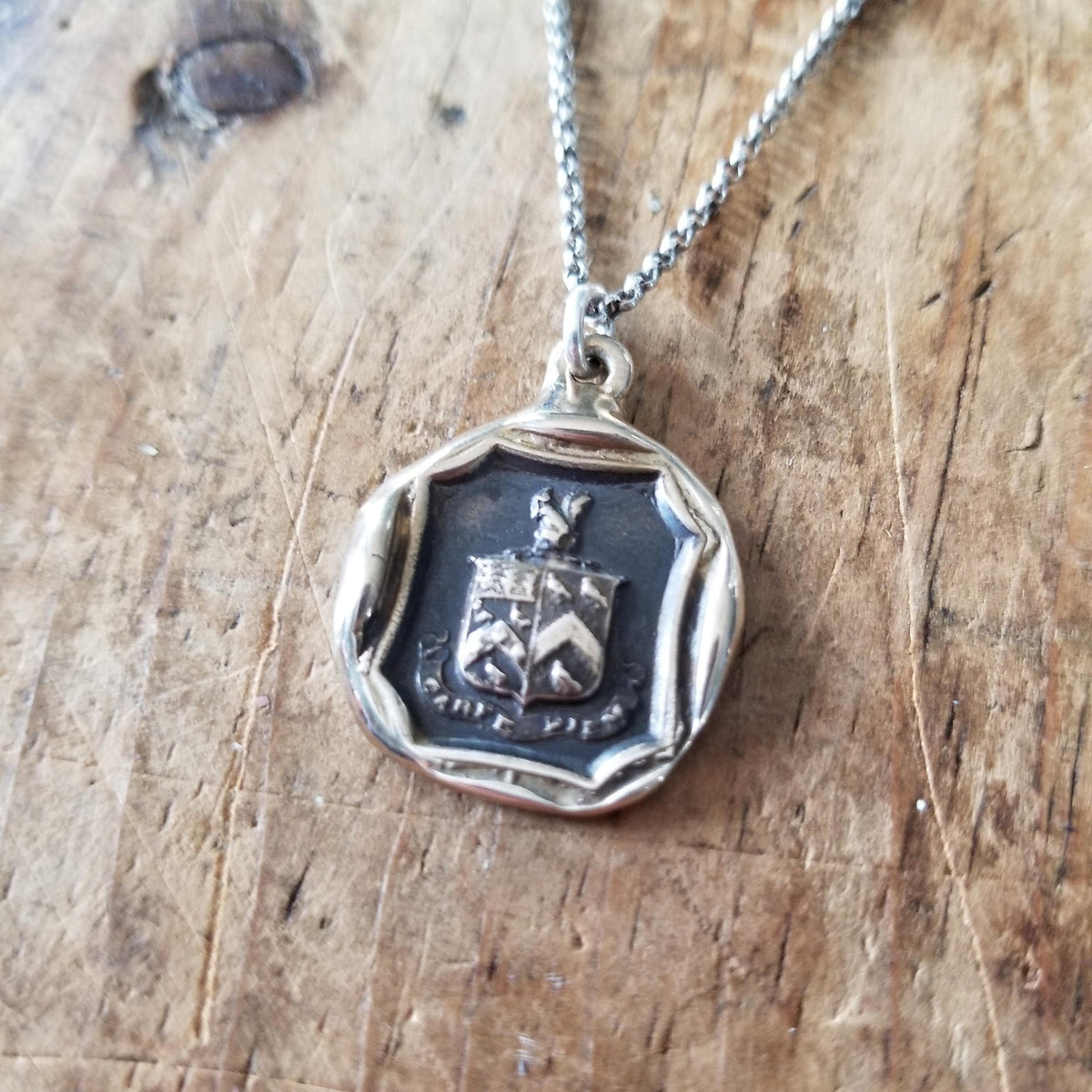 Bronze Carpe Diem Wax Seal Necklace of a Squirrel and Owls &#39;Seize the Day&#39;