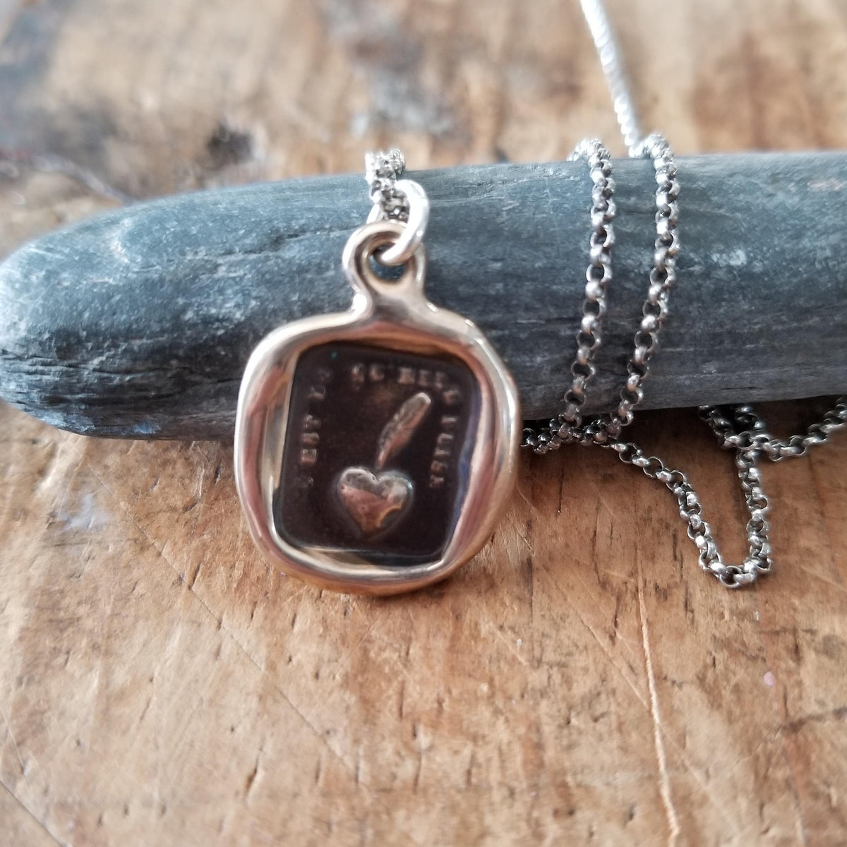 Bronze Heart and Feather Necklace -  My heart is sincere