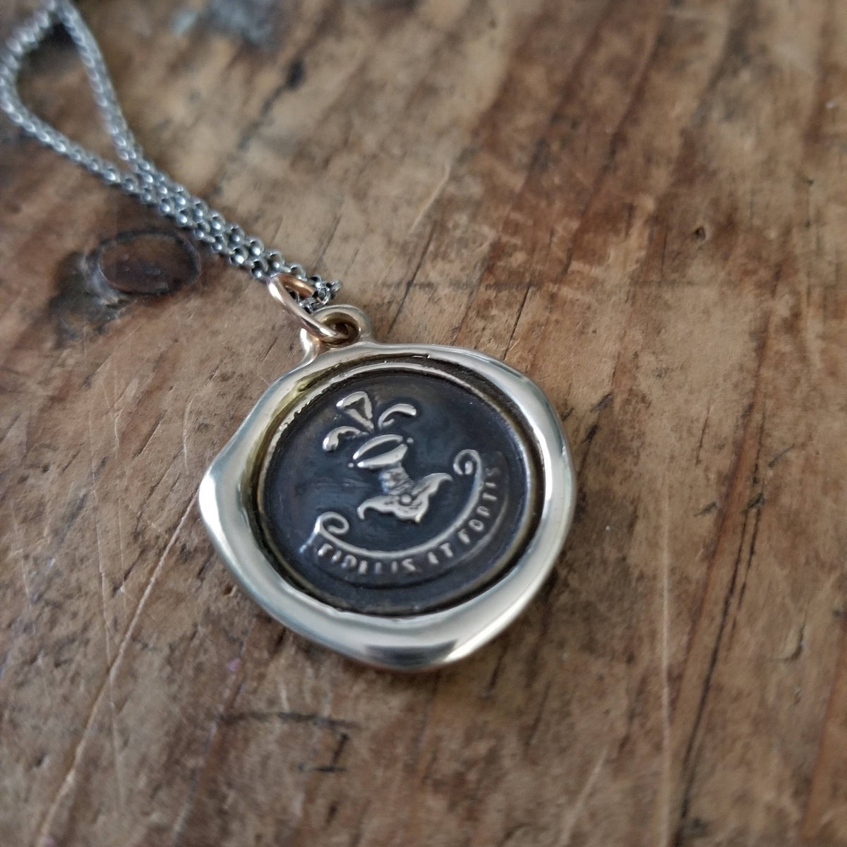 Bronze Loyalty Wax seal necklace in Latin from antique seal - Fidelis et Fortis - Loyal and Strong