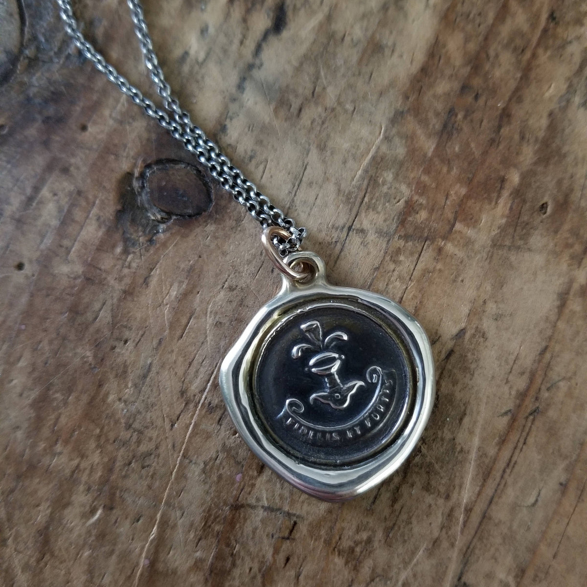 Bronze Loyalty Wax seal necklace in Latin from antique seal - Fidelis et Fortis - Loyal and Strong