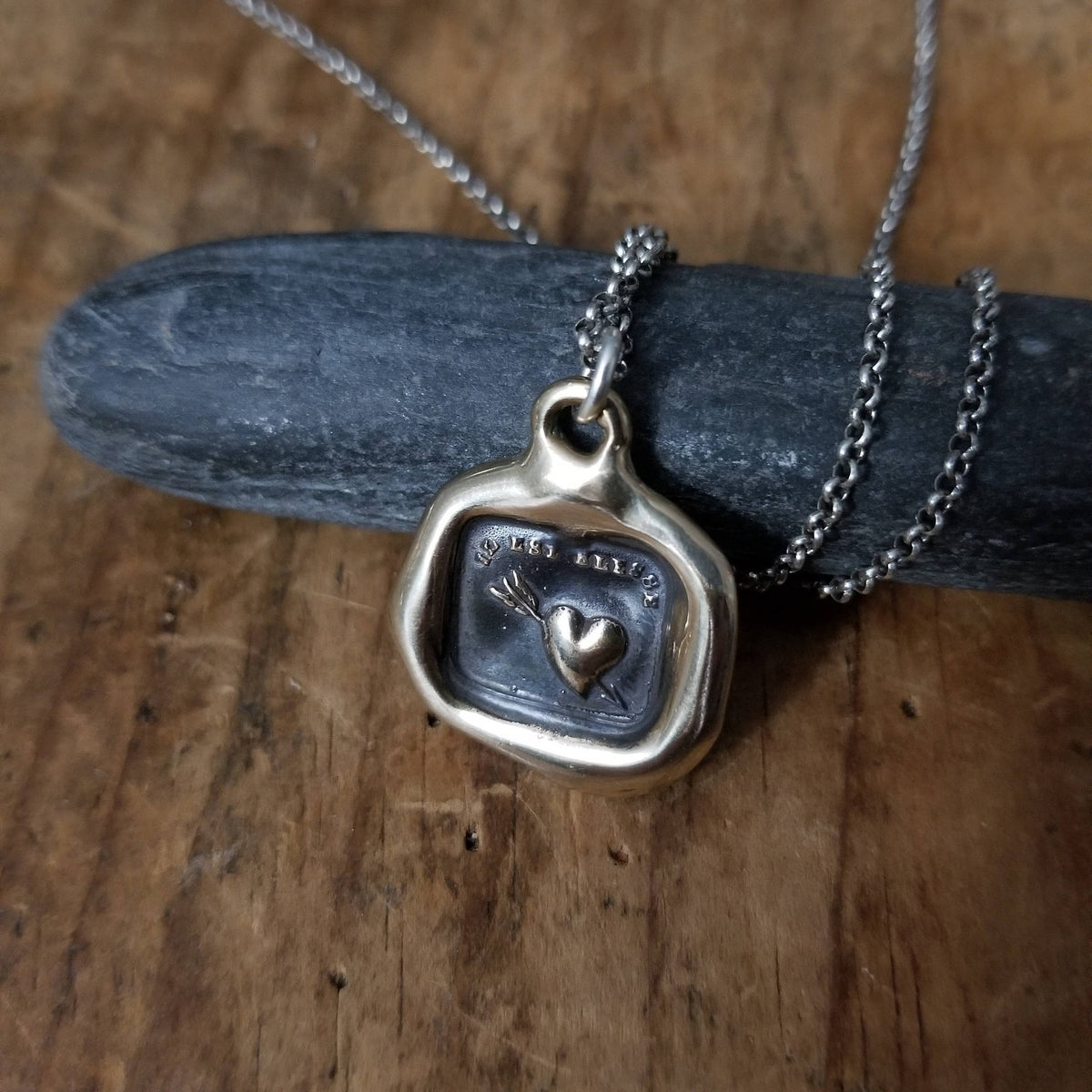 Bronze Love Hurts Heart Necklace - Arrow Pierced Heart Wax Seal Pendant