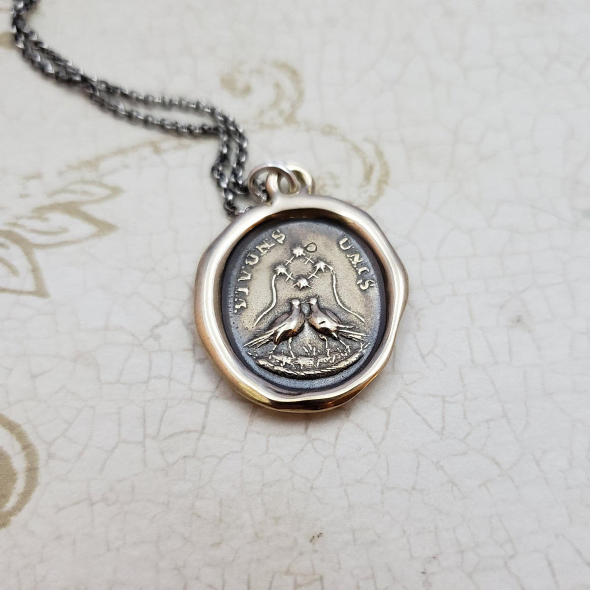 Unity Love Birds Necklace- Let&#39;s live united necklace in bronze