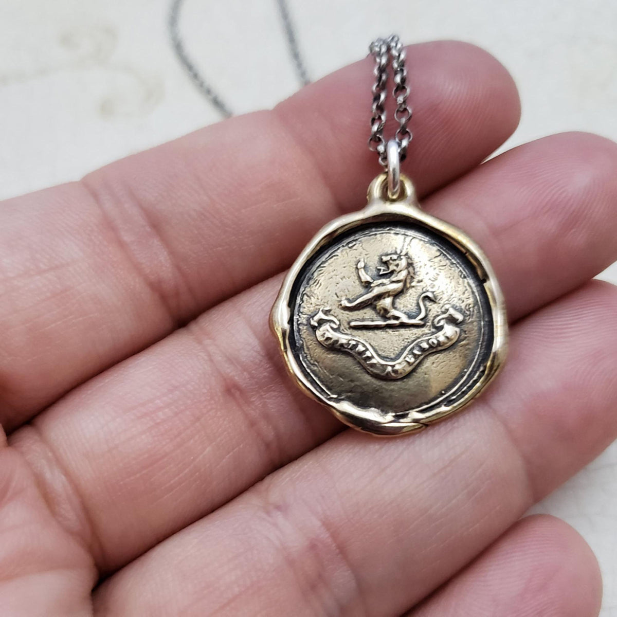 Lion Wax Seal Pendant &#39;Virtue Through Hard Work&#39; in Bronze