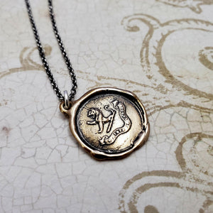 Lion Wax Seal Pendant 'Virtue Through Hard Work' in Bronze