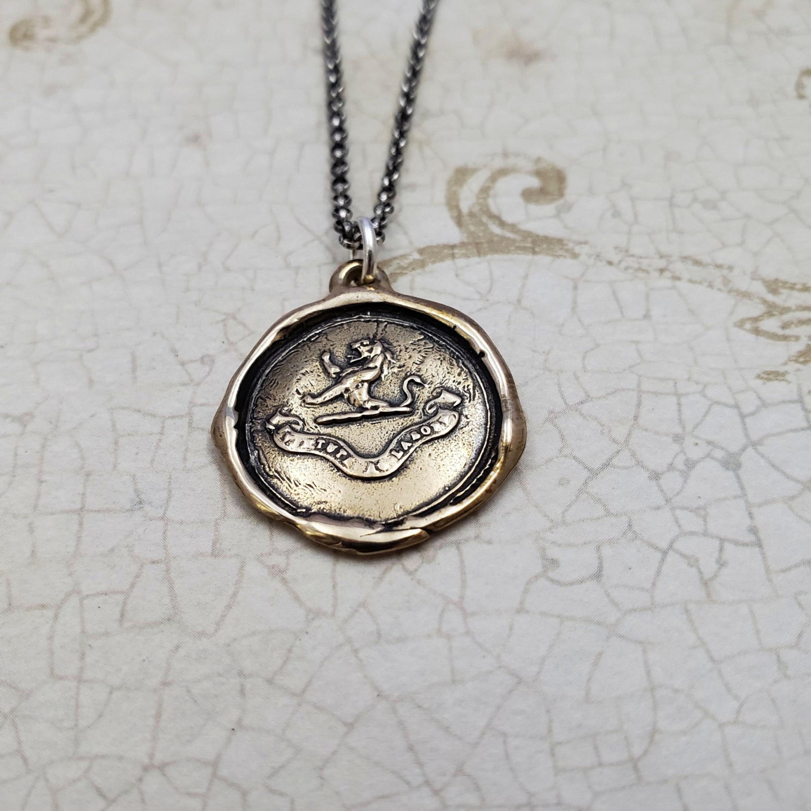 Lion Wax Seal Pendant 'Virtue Through Hard Work' in Bronze
