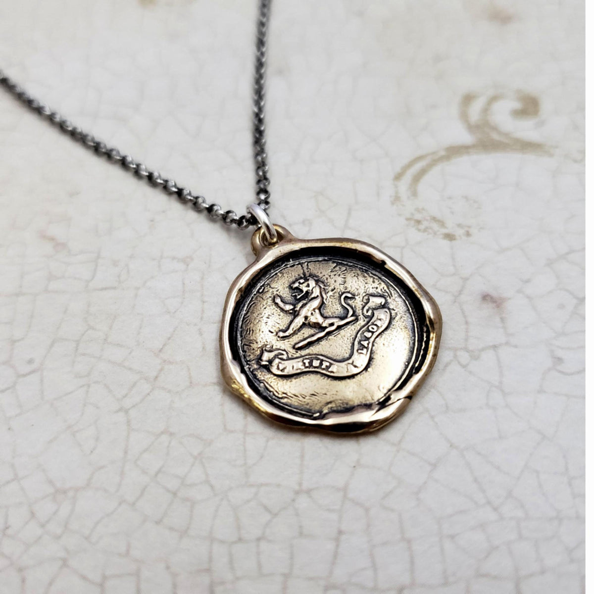 Lion Wax Seal Pendant 'Virtue Through Hard Work' in Bronze