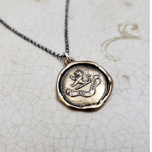 Lion Wax Seal Pendant 'Virtue Through Hard Work' in Bronze