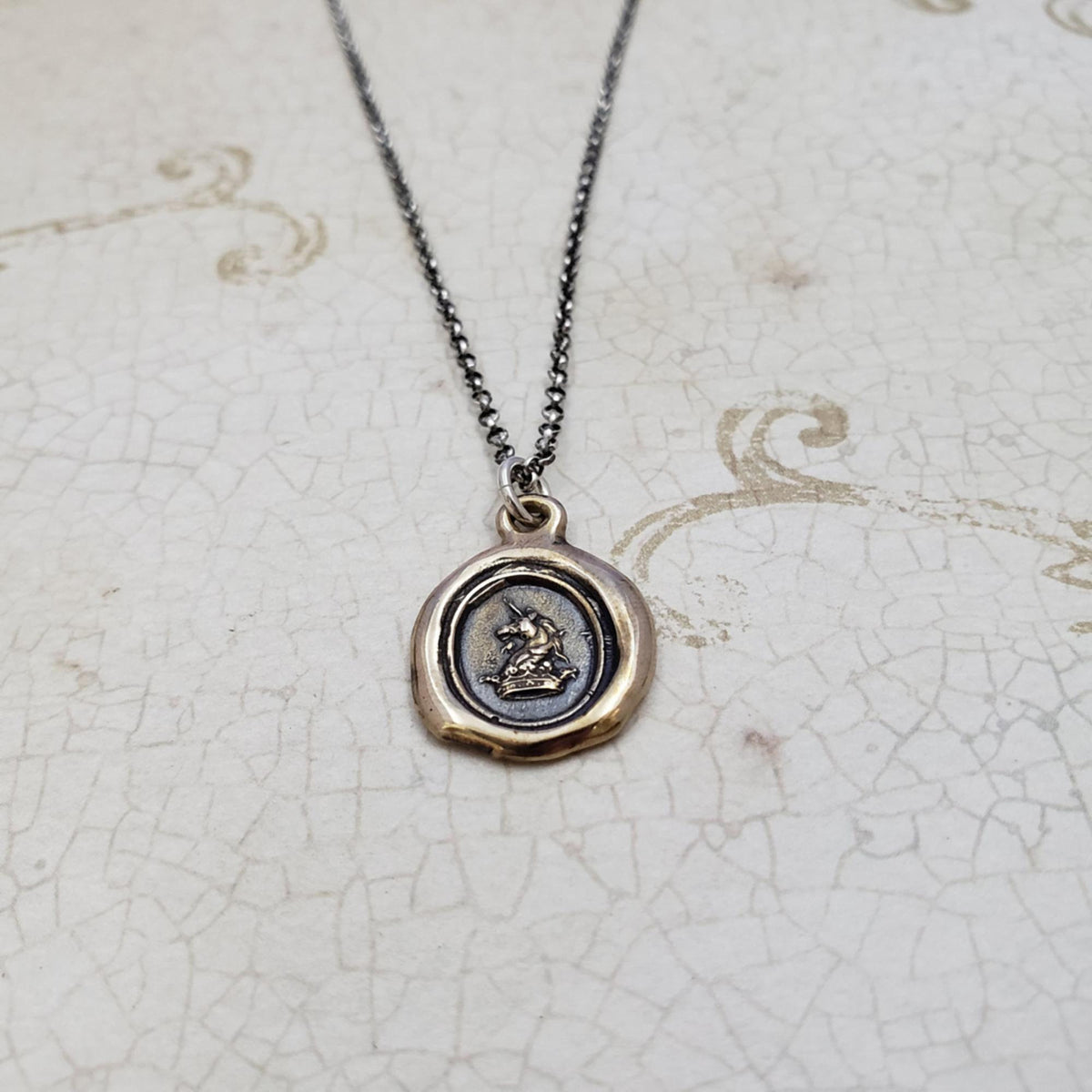 Unicorn &amp; Crown Heraldic Wax Seal Pendant in Bronze