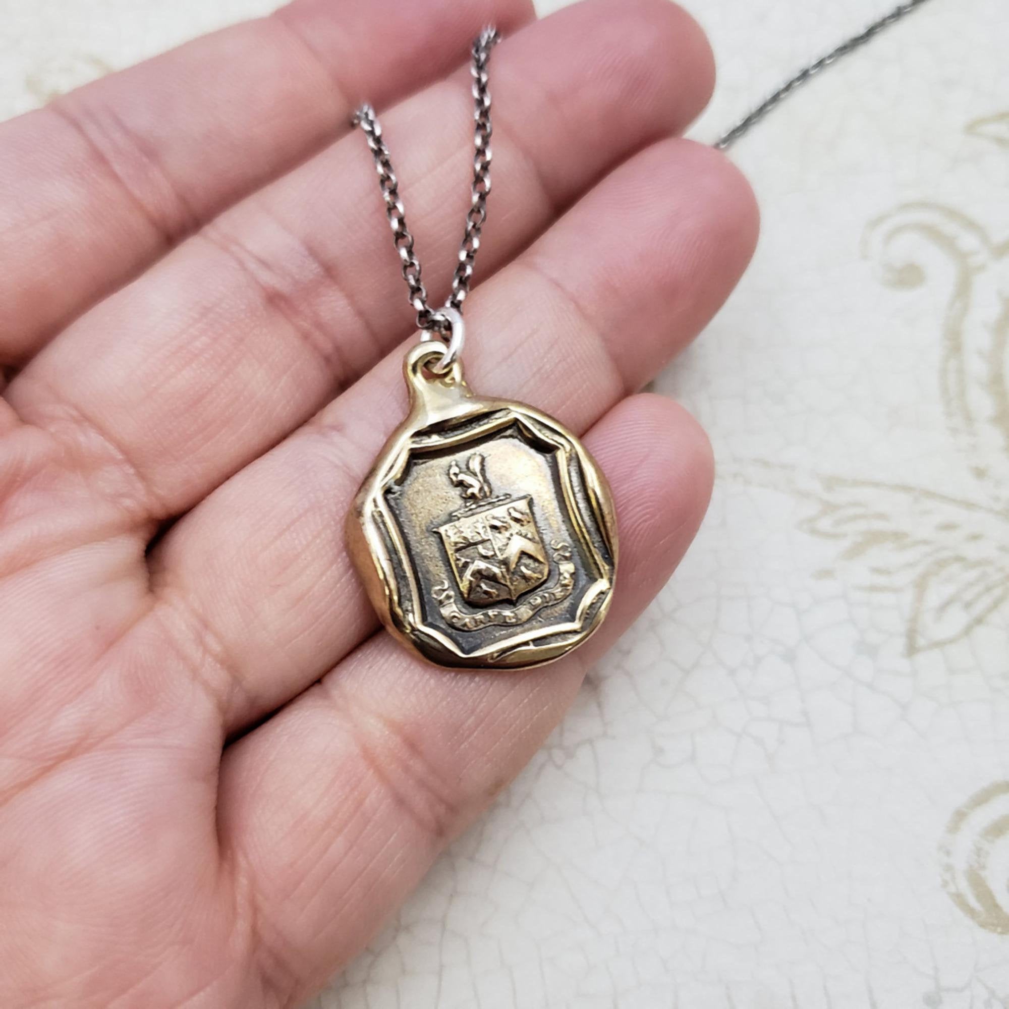 Squirrel and Owl Carpe Diem Crest Necklace in bronze