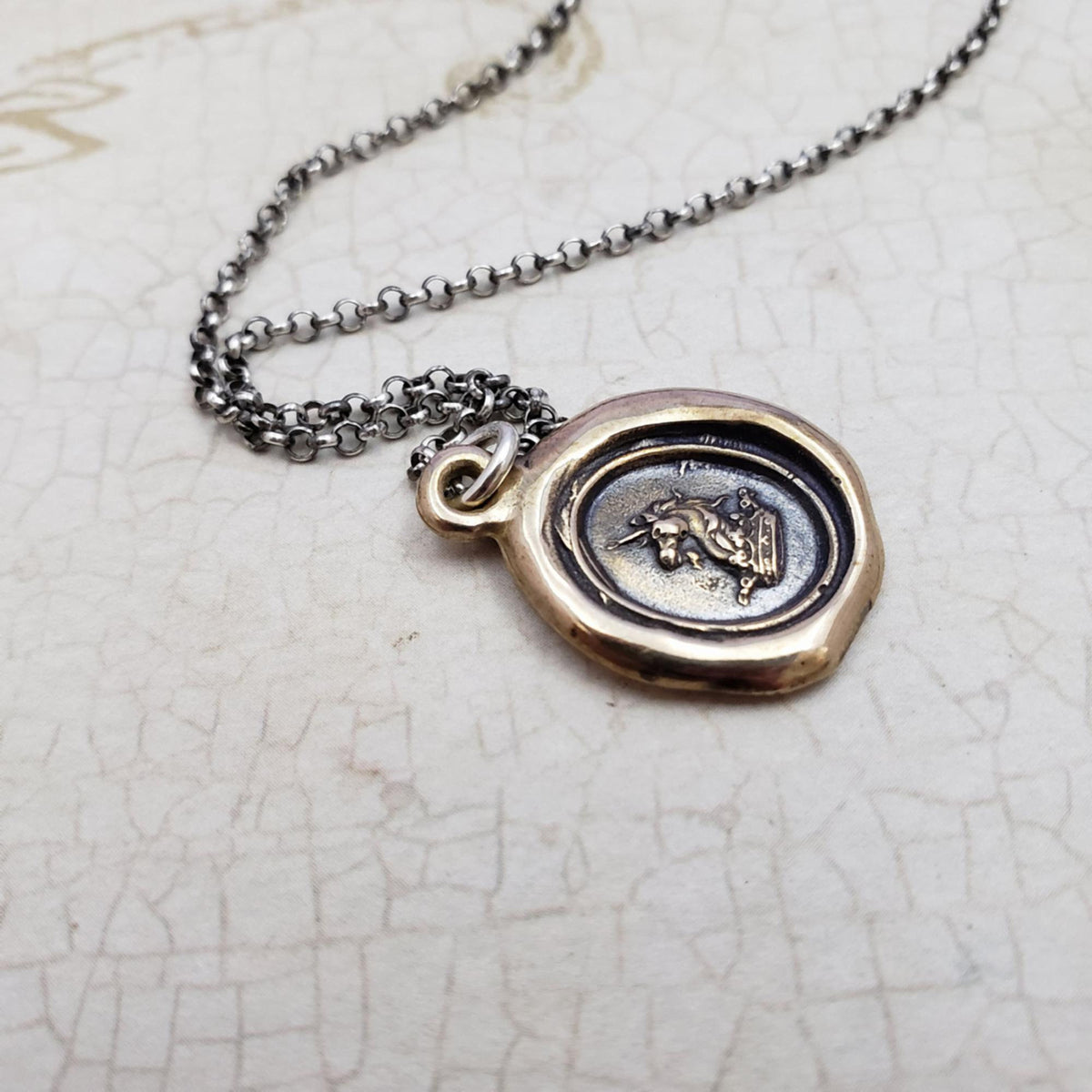 Unicorn &amp; Crown Heraldic Wax Seal Pendant in Bronze