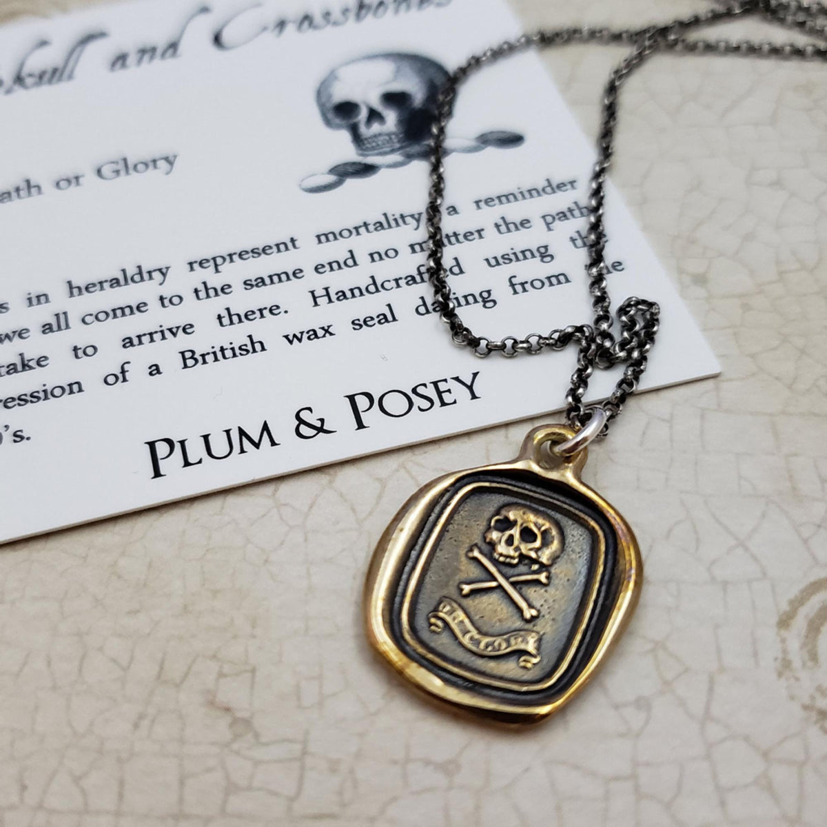 Skull and Crossbones &#39;Death or Glory&#39;  Necklace in Bronze