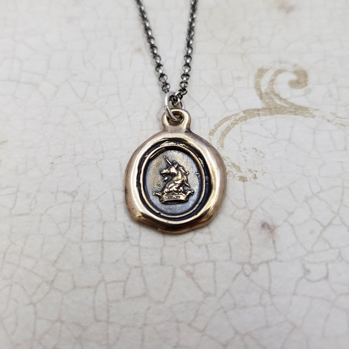 Unicorn &amp; Crown Heraldic Wax Seal Pendant in Bronze