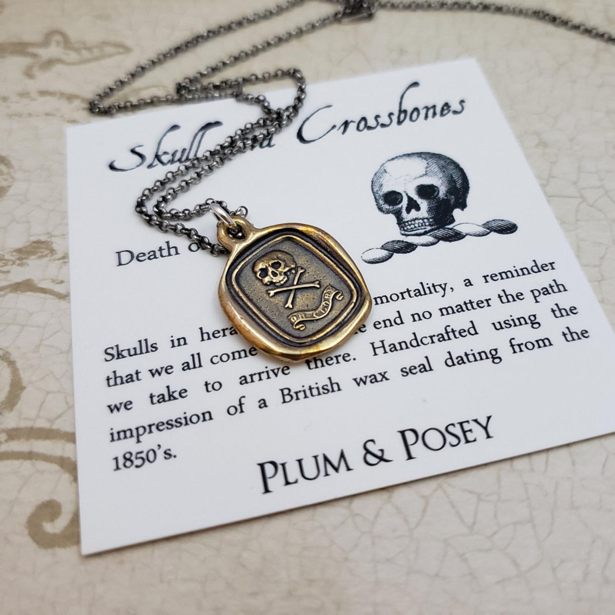 Skull and Crossbones &#39;Death or Glory&#39;  Necklace in Bronze