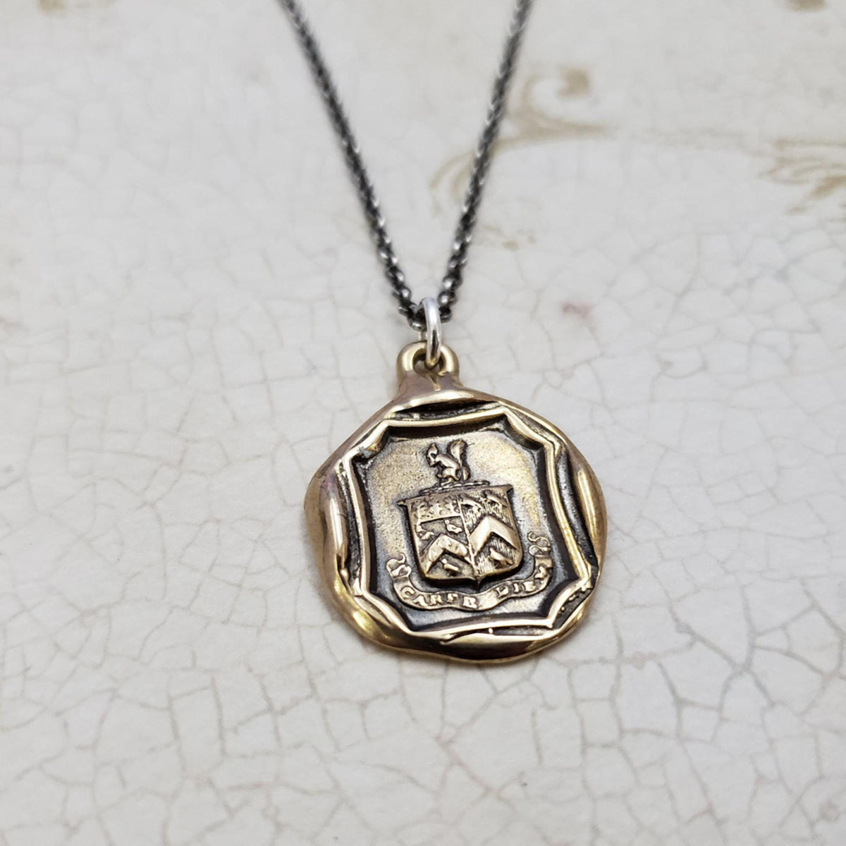 Squirrel and Owl Carpe Diem Crest Necklace in bronze