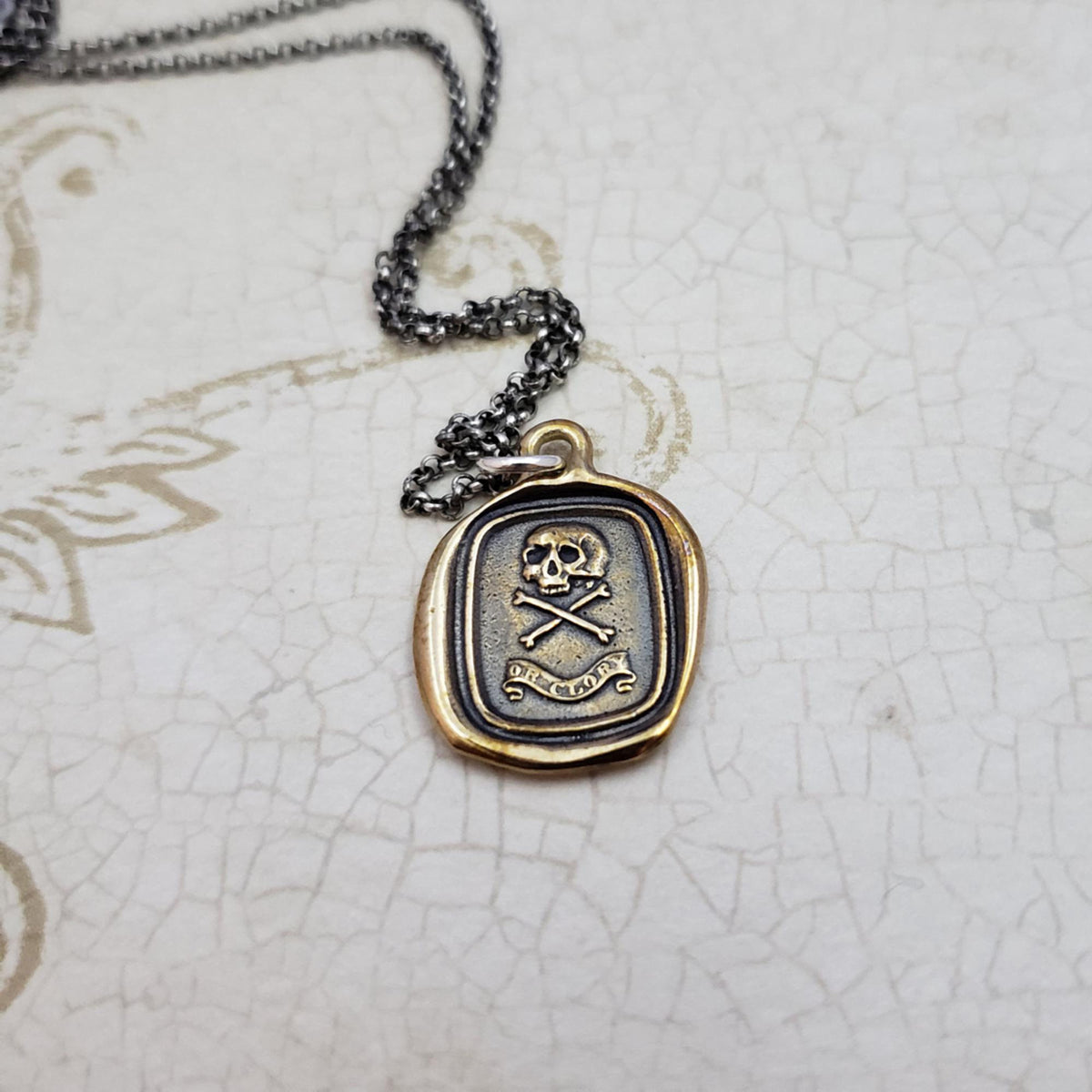 Skull and Crossbones &#39;Death or Glory&#39;  Necklace in Bronze