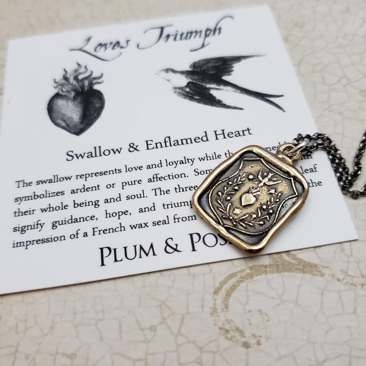 Swallow and Enflamed Heart Necklace in Bronze