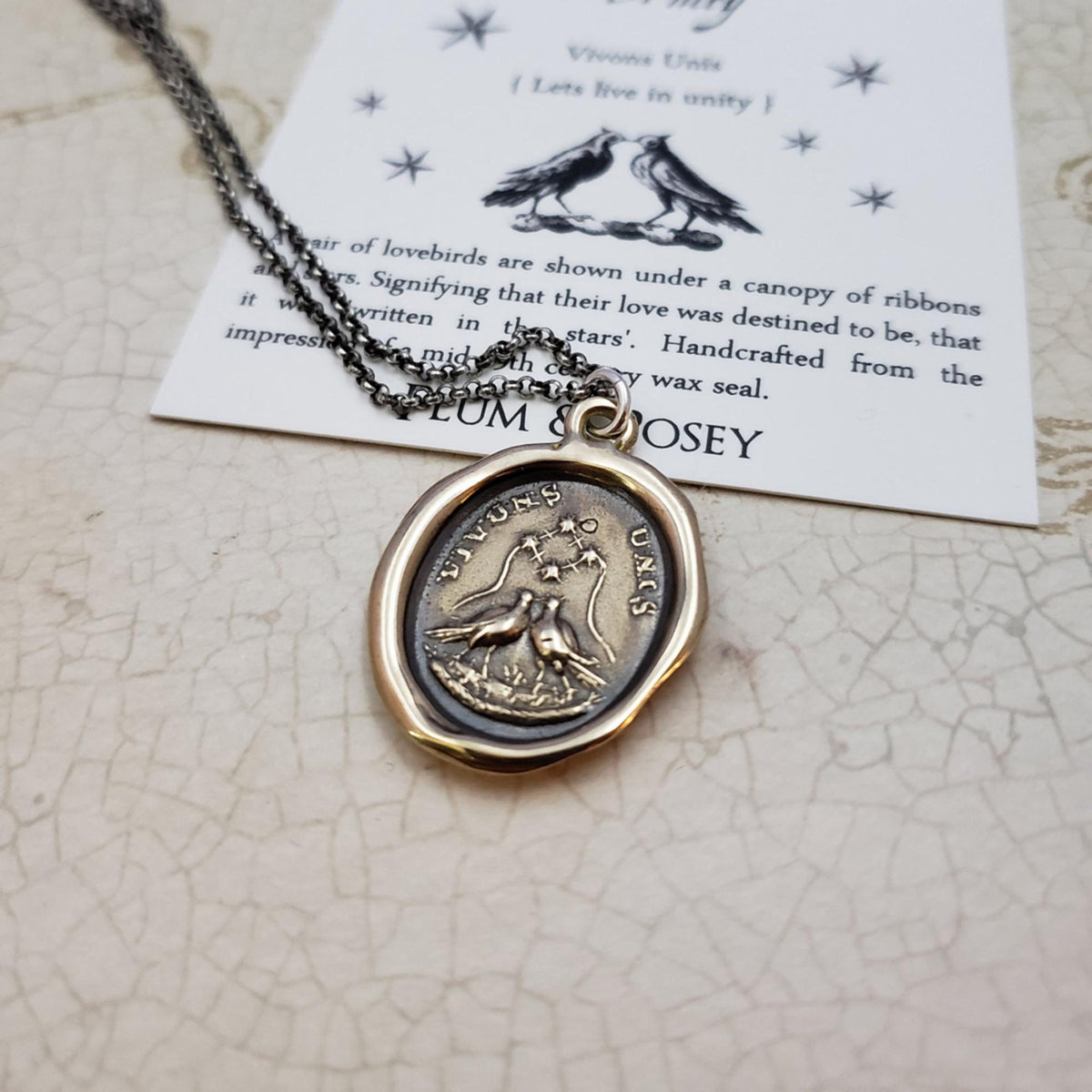 Unity Love Birds Necklace- Let&#39;s live united necklace in bronze