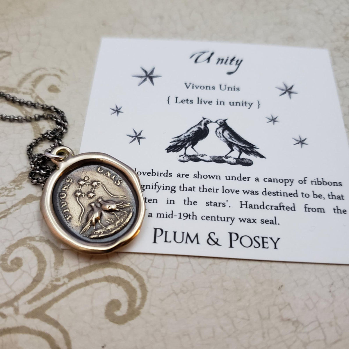 Unity Love Birds Necklace- Let&#39;s live united necklace in bronze