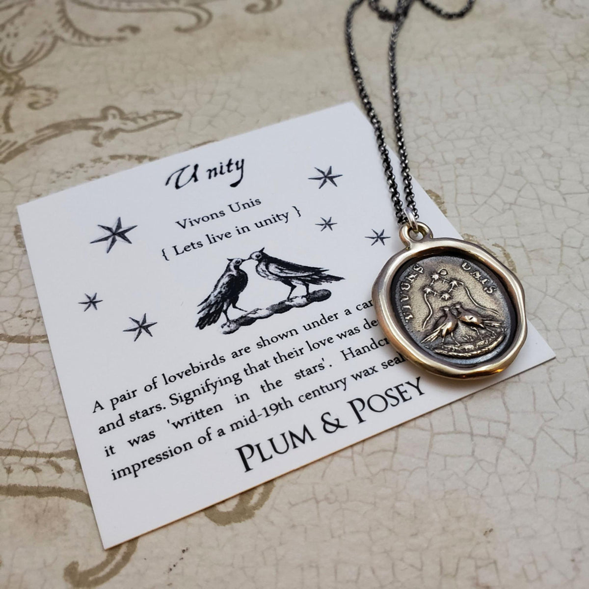 Unity Love Birds Necklace- Let&#39;s live united necklace in bronze