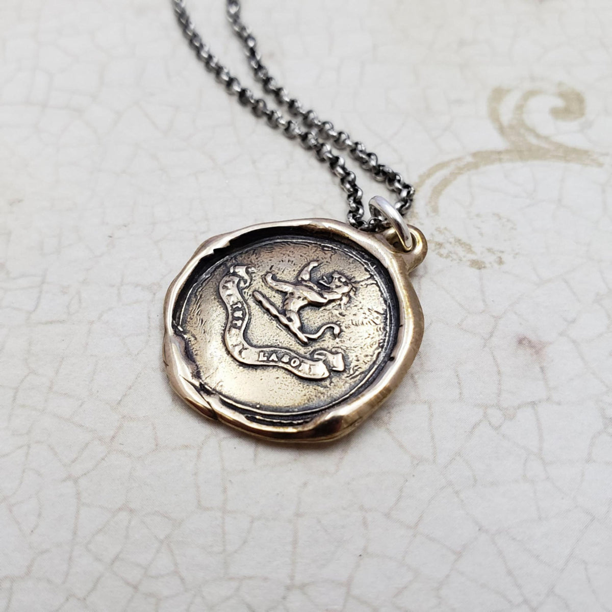 Lion Wax Seal Pendant &#39;Virtue Through Hard Work&#39; in Bronze