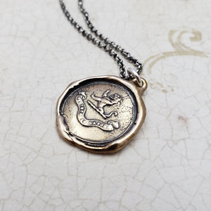 Lion Wax Seal Pendant 'Virtue Through Hard Work' in Bronze