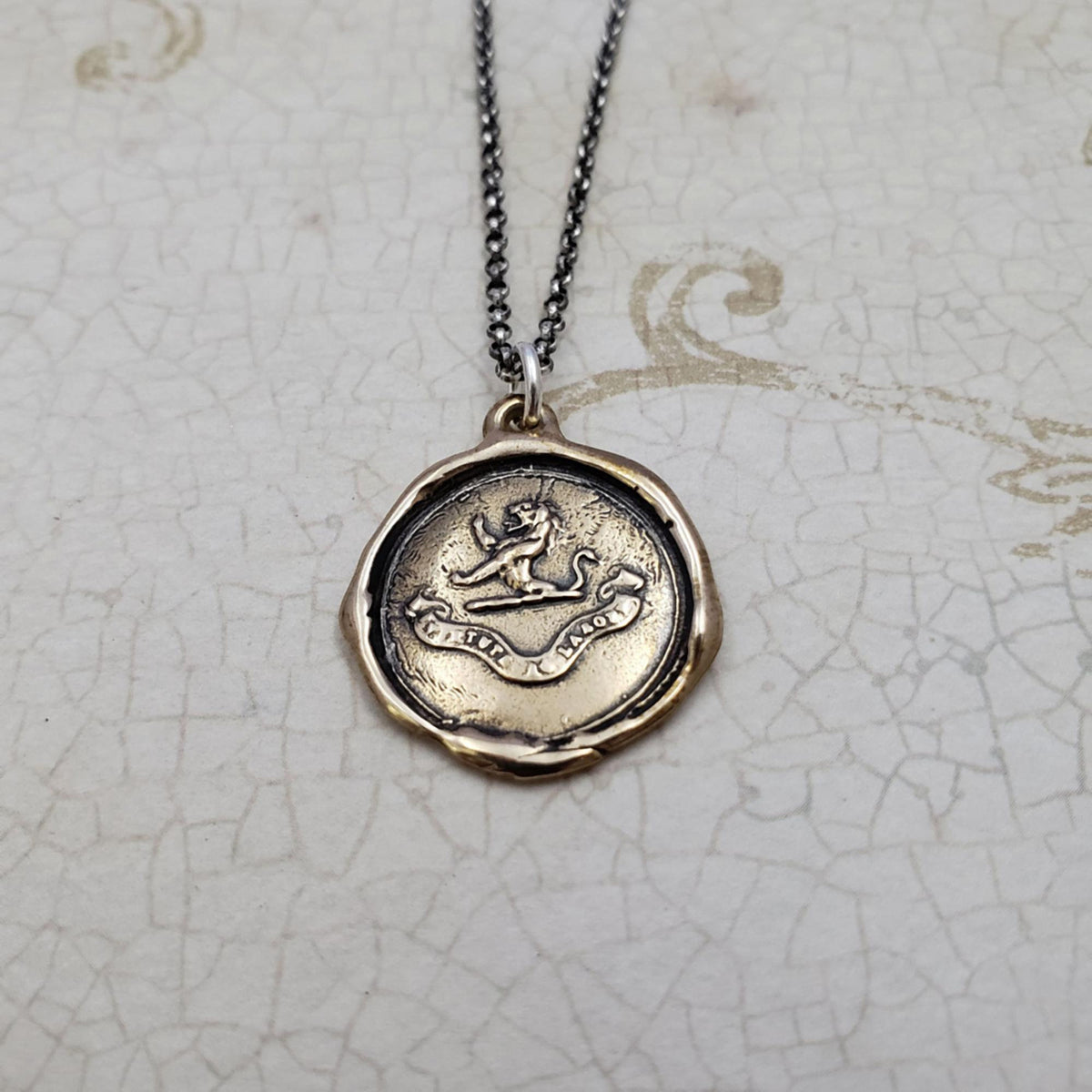 Lion Wax Seal Pendant &#39;Virtue Through Hard Work&#39; in Bronze