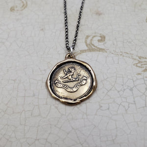 Lion Wax Seal Pendant 'Virtue Through Hard Work' in Bronze