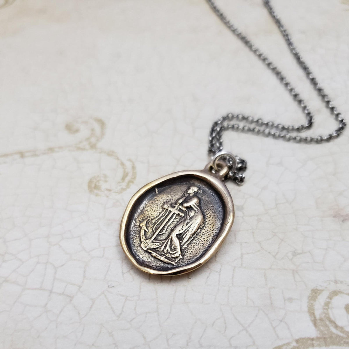 Hope and Faith - Lady of the Sea and anchor necklace in Bronze