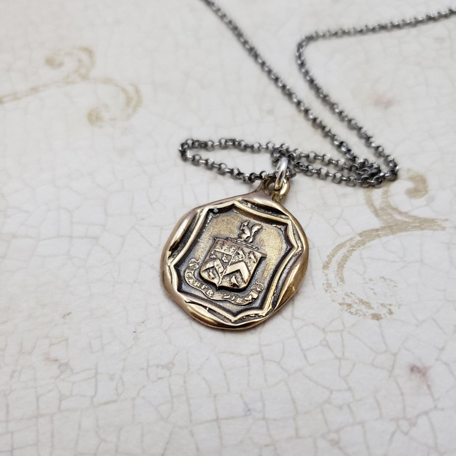 Squirrel and Owl Carpe Diem Crest Necklace in bronze