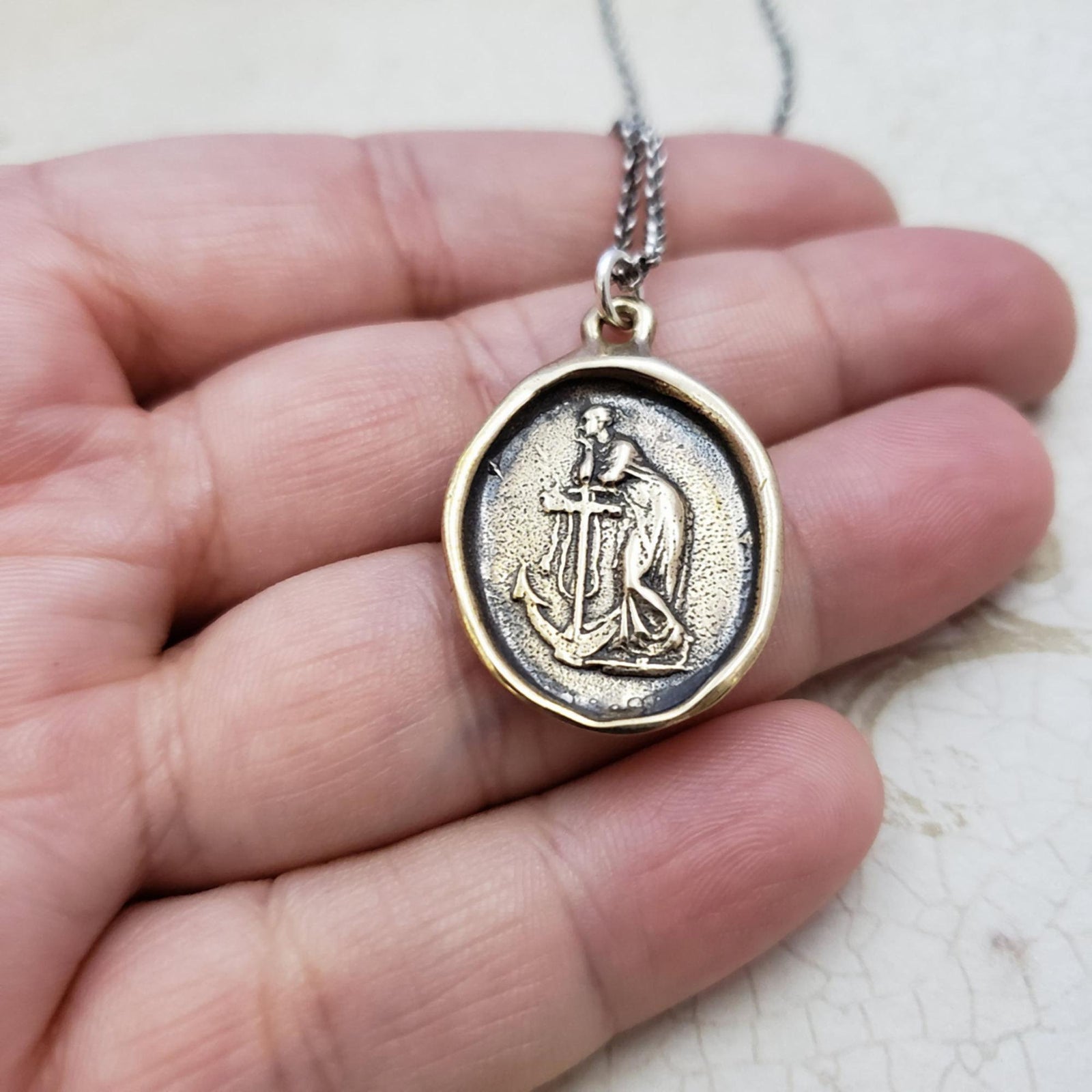 Hope and Faith - Lady of the Sea and anchor necklace in Bronze