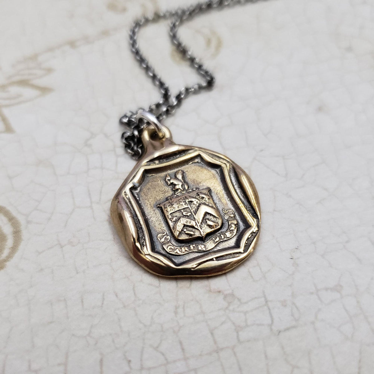 Squirrel and Owl Carpe Diem Crest Necklace in bronze