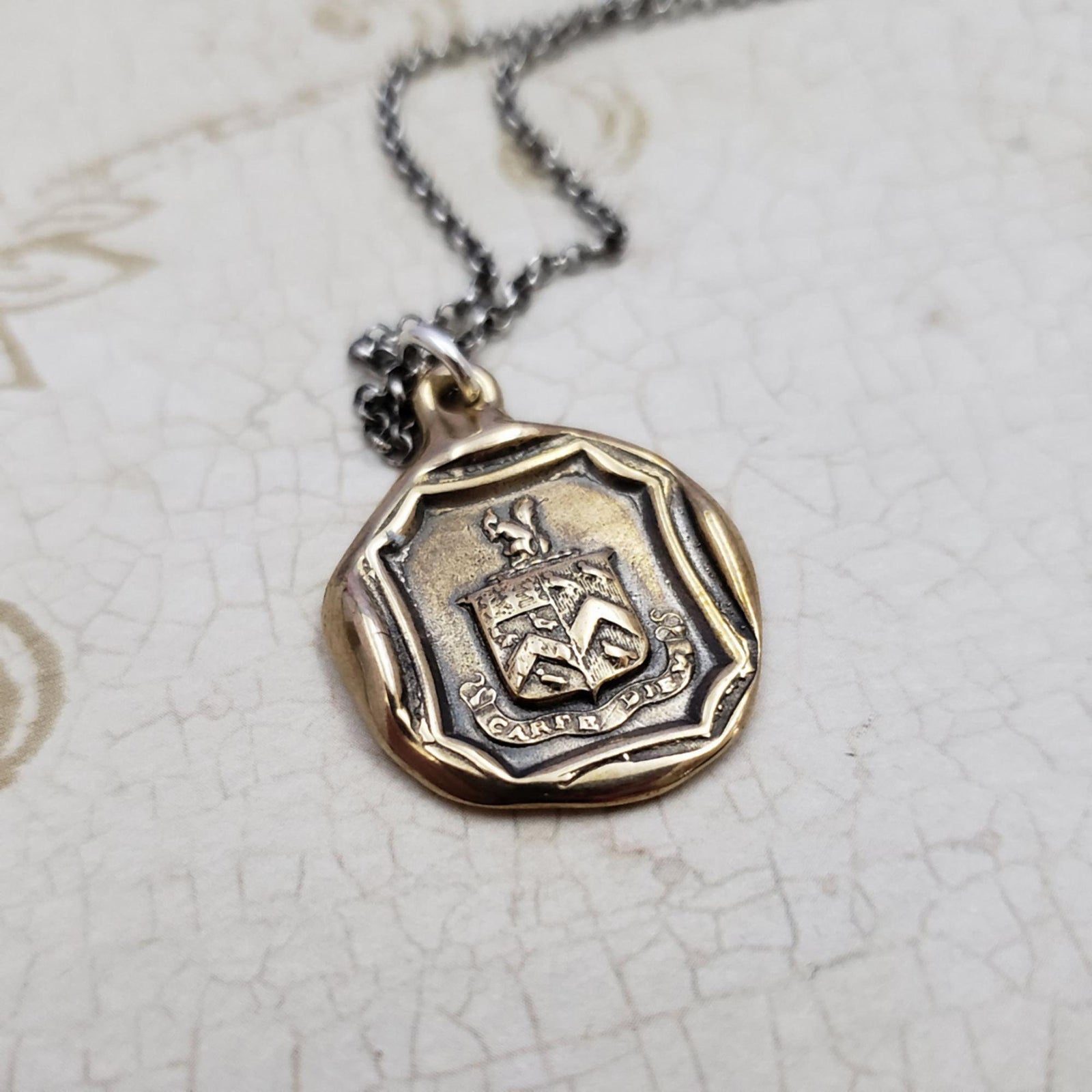 Squirrel and Owl Carpe Diem Crest Necklace in bronze