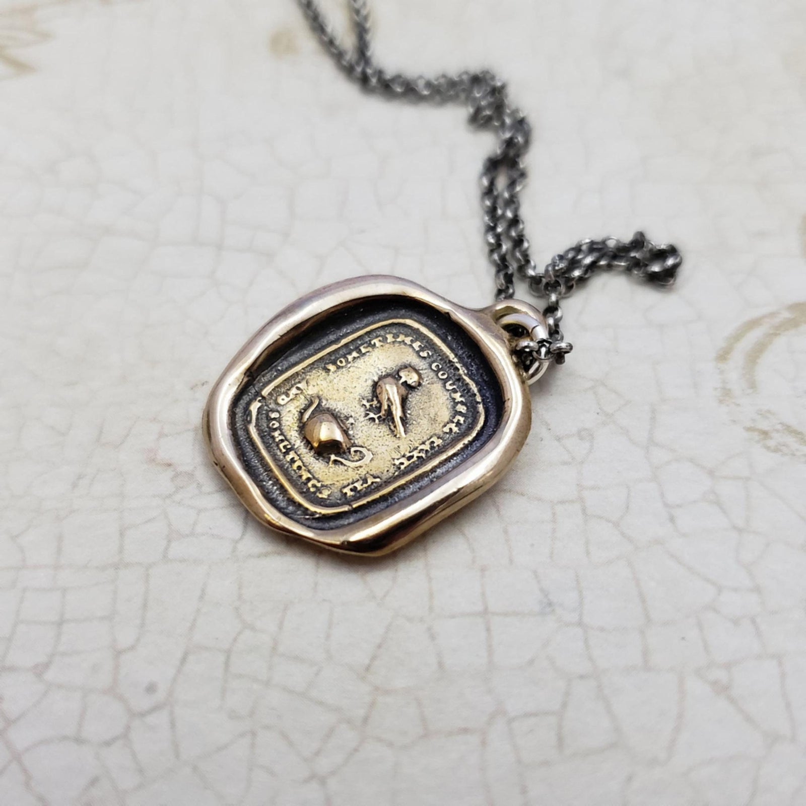 Council and Comfort, Owl and Teapot wax seal pendant in Bronze