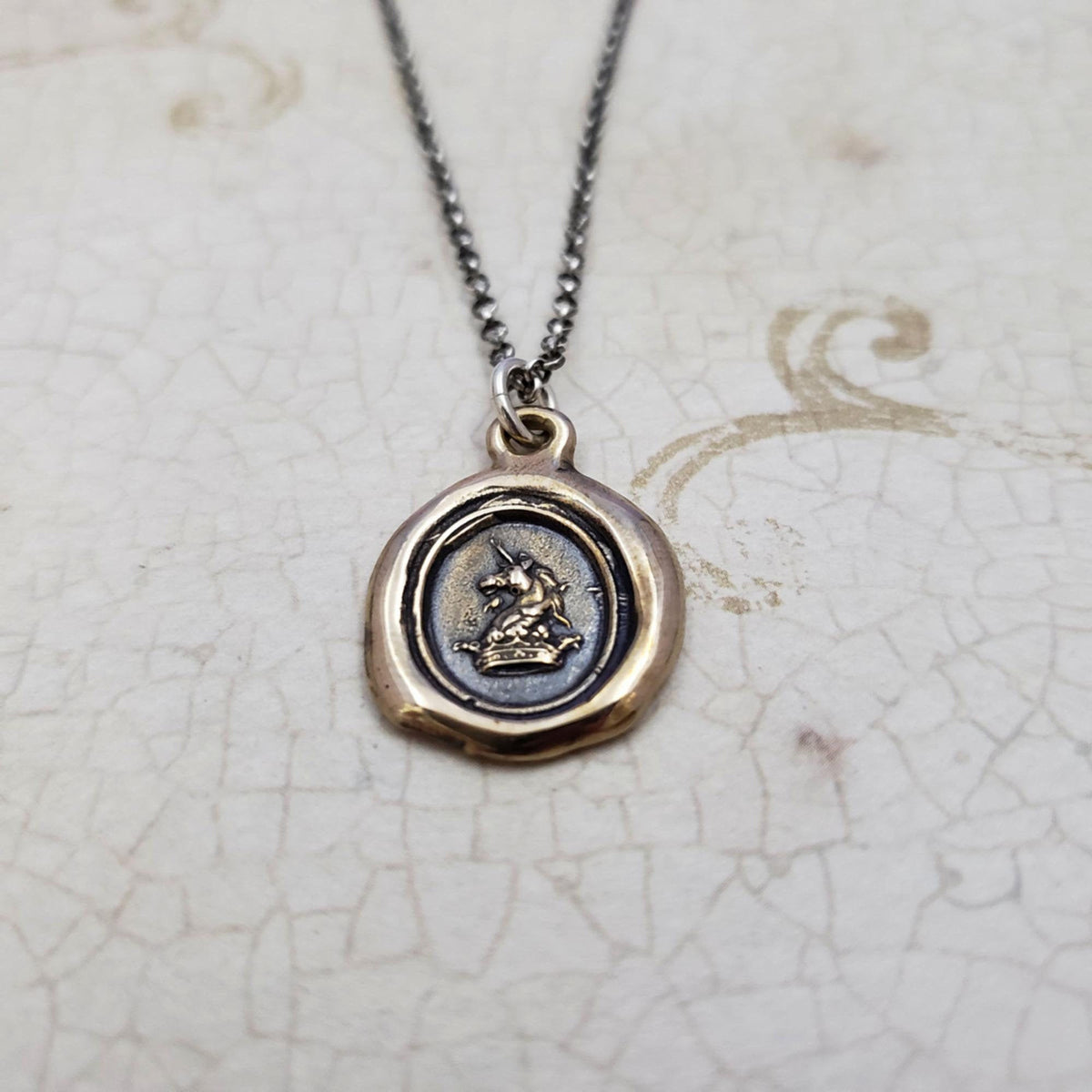 Unicorn &amp; Crown Heraldic Wax Seal Pendant in Bronze