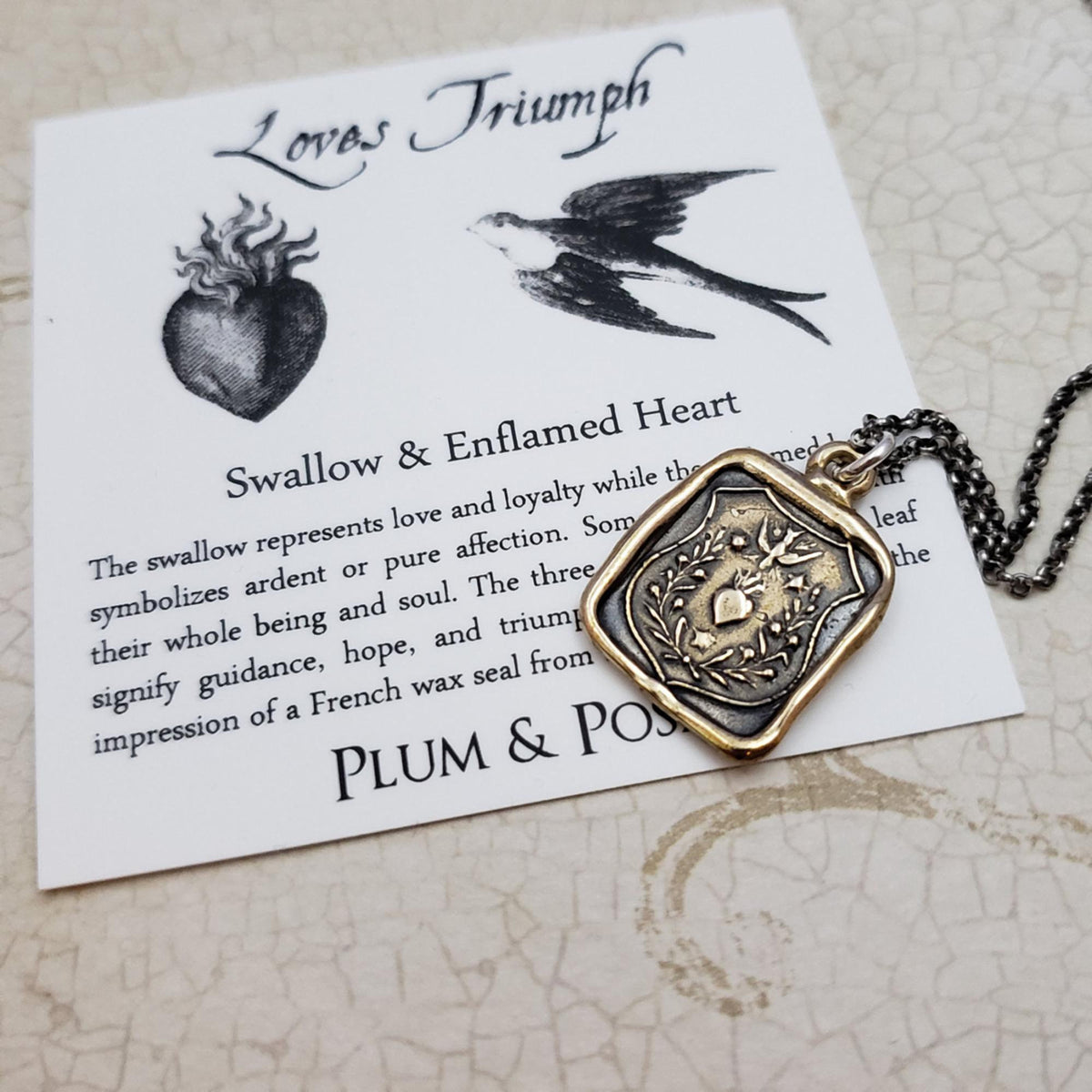 Swallow and Enflamed Heart Necklace in Bronze