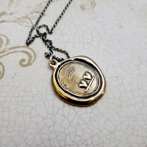 Loyalty and Love Crowned Hearts Wax Seal Necklace in Bronze