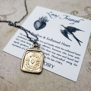 Swallow and Enflamed Heart Wax Seal Pendant in Gold Vermeil