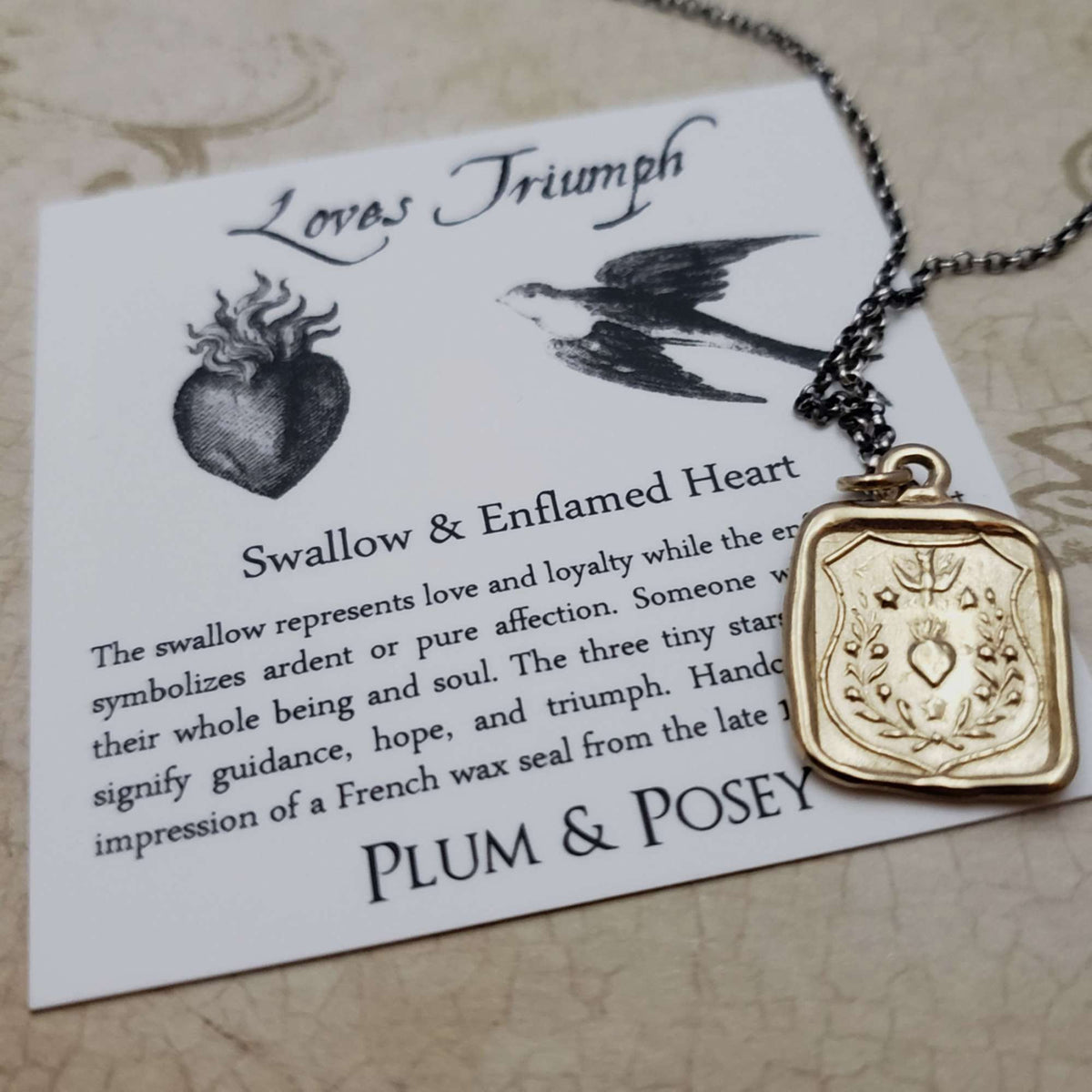Swallow and Enflamed Heart Wax Seal Pendant in Gold Vermeil