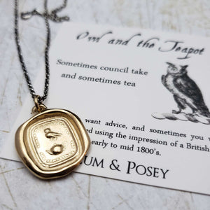 Owl and Teapot - Council and Comfort necklace in Gold Vermeil